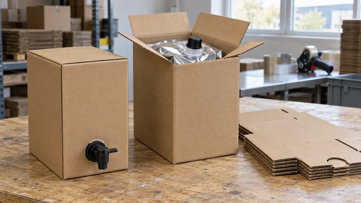 Illustrative image of bag-in-box cartons on a workshop surface.