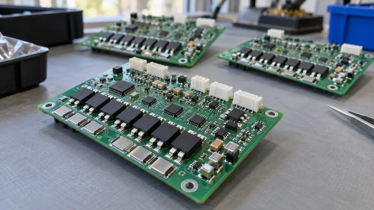 Illustrative image of BMS boards on a workshop surface.