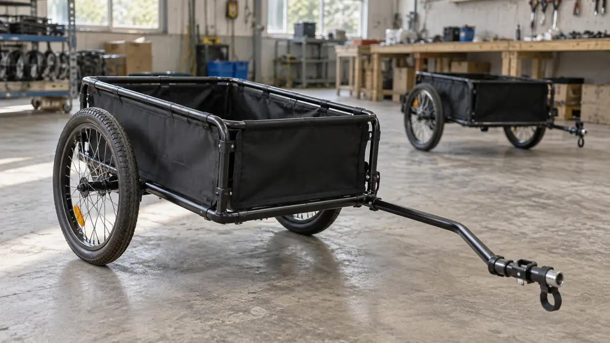 Illustrative image of bicycle cargo trailers on a workshop surface.