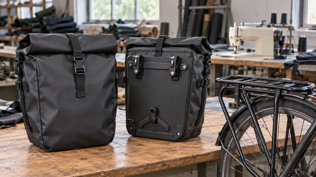 Illustrative image of bicycle pannier bags on a workshop surface.