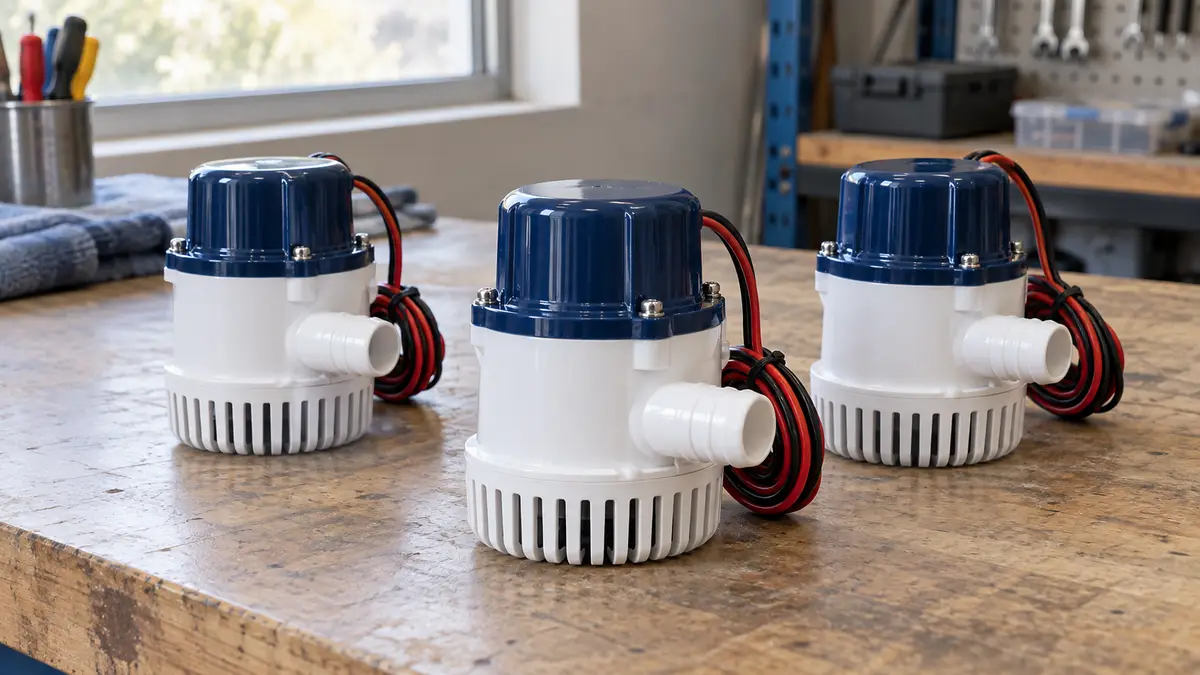 Illustrative image of bilge pumps on a workshop surface.