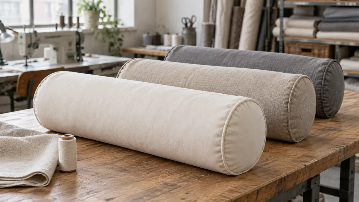 Illustrative image of bolster pillows on a workshop surface.