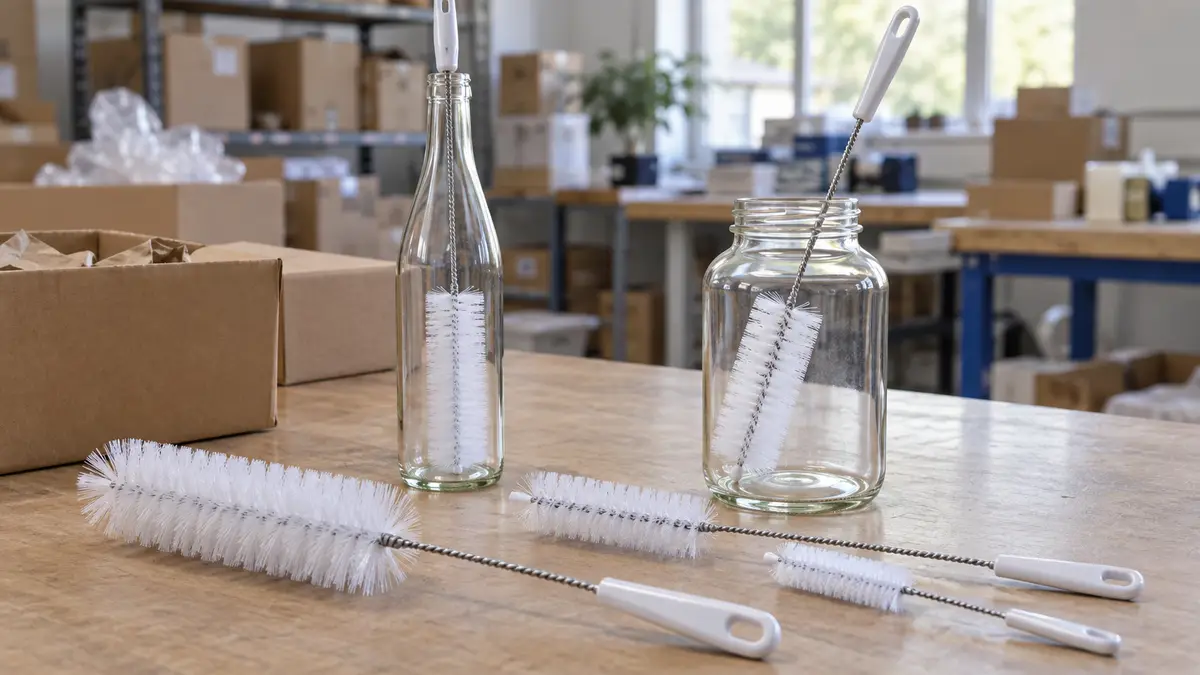 Illustrative image of bottle cleaning brushes on a workshop surface.