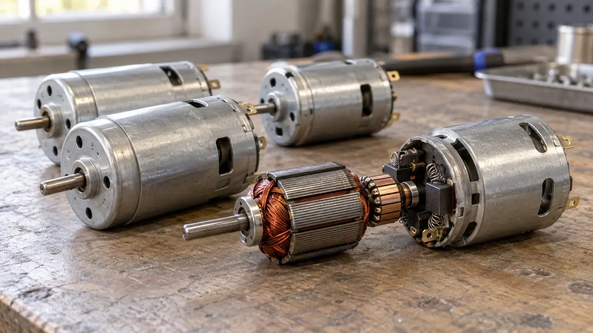 Illustrative image of brushed DC motors on a workshop surface.