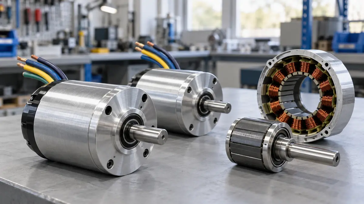 Illustrative image of brushless DC motors on a workshop surface.