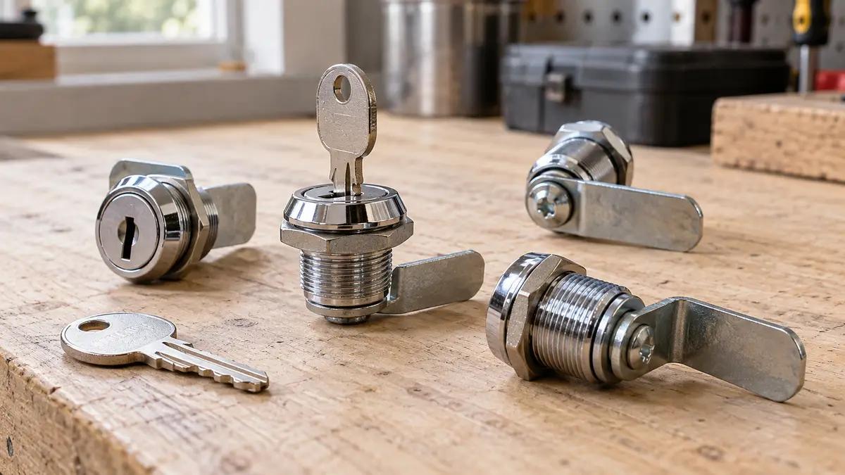 Illustrative image of cabinet cam locks on a workshop surface.