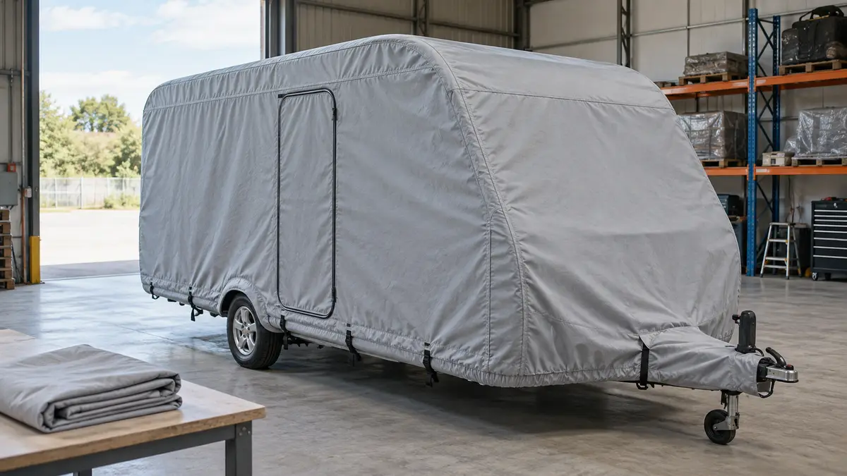 Illustrative image of caravan covers on a workshop surface.