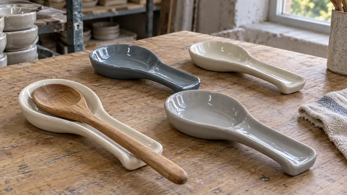 Illustrative image of ceramic spoon rests on a workshop surface.