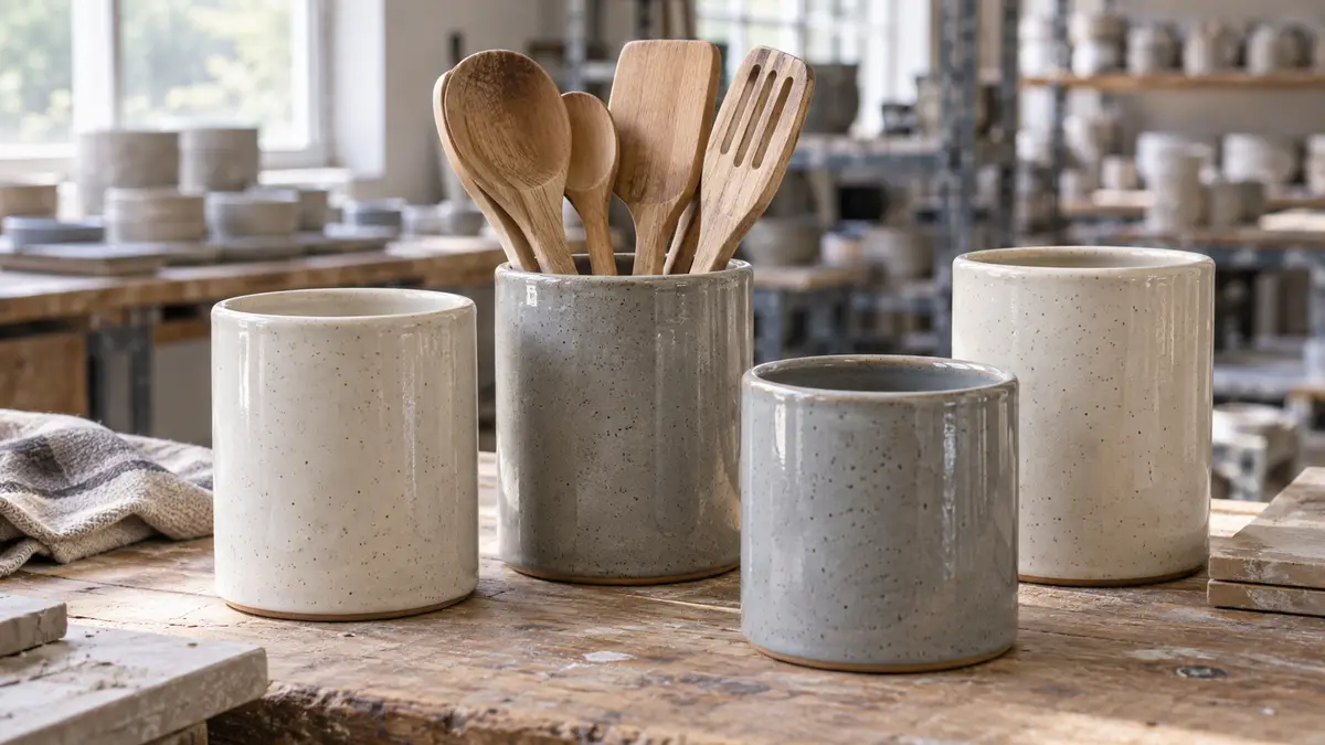 Illustrative image of ceramic utensil holders on a workshop surface.
