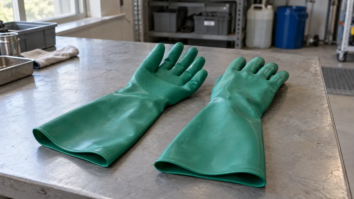 Illustrative image of chemical-resistant gauntlets on a workshop surface.