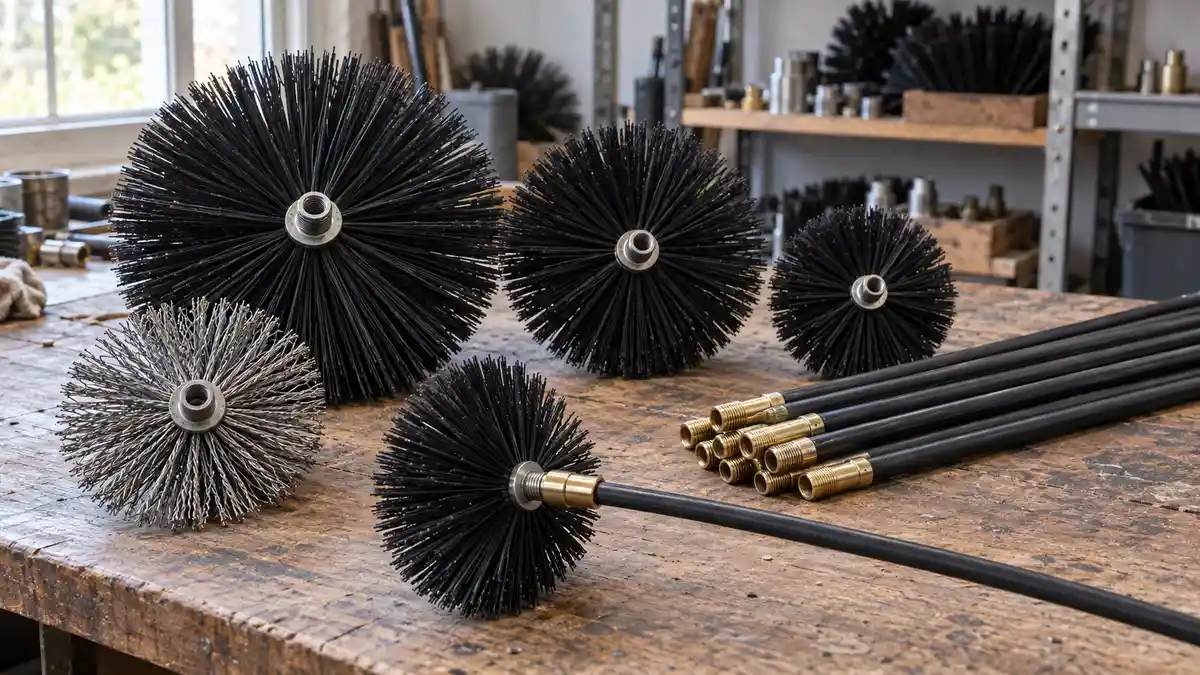 Illustrative image of Chimney Sweeping Brushes on a workshop surface.