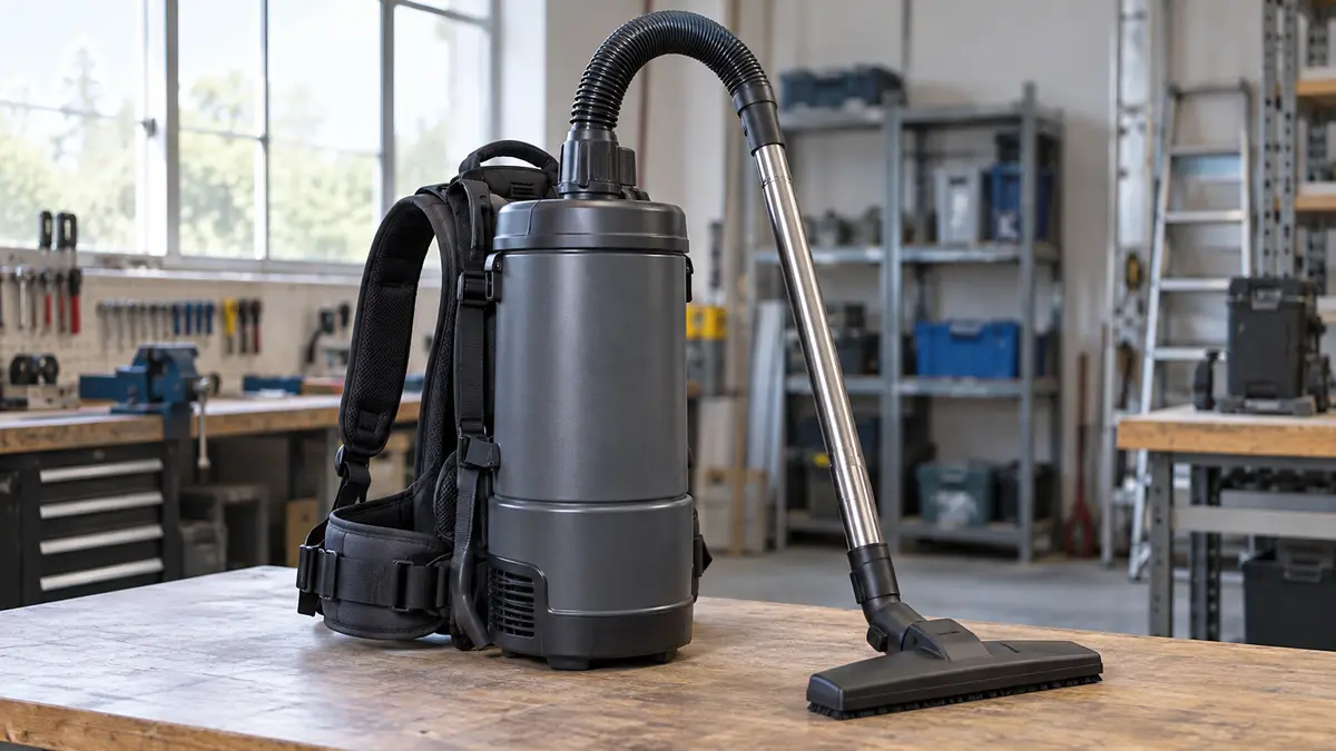 Illustrative image of backpack vacuums on a workshop surface.