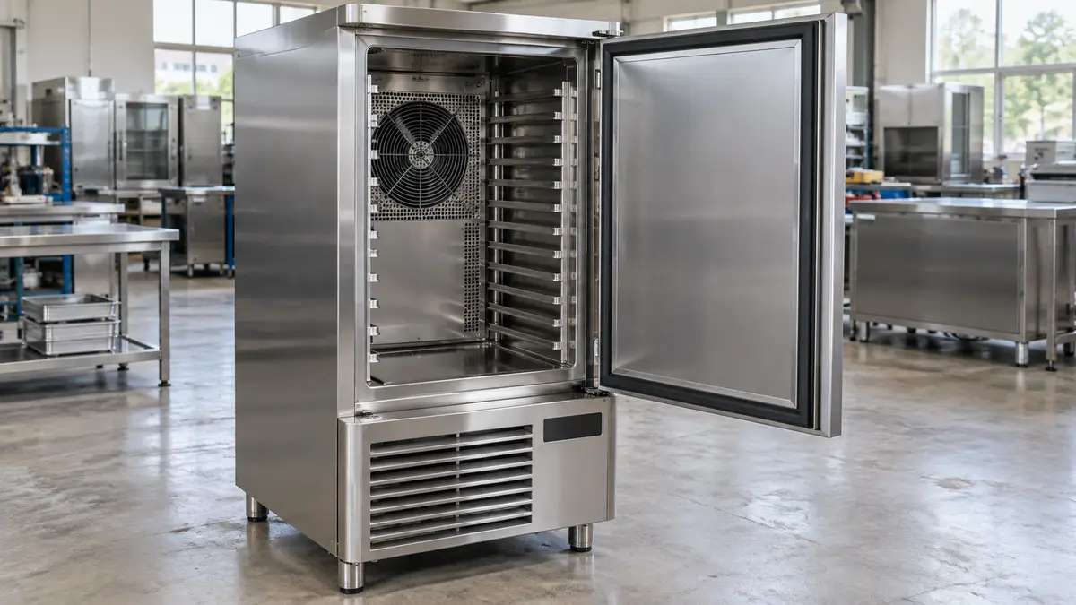 Illustrative image of commercial blast freezers on a workshop surface.