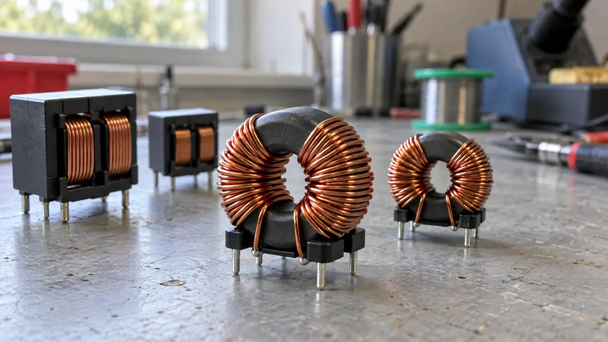 Illustrative image of common-mode chokes on a workshop surface.