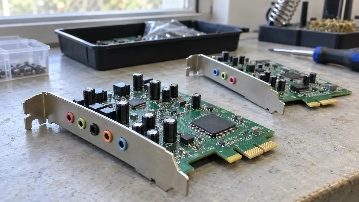 Illustrative image of computer sound cards on a workshop surface.