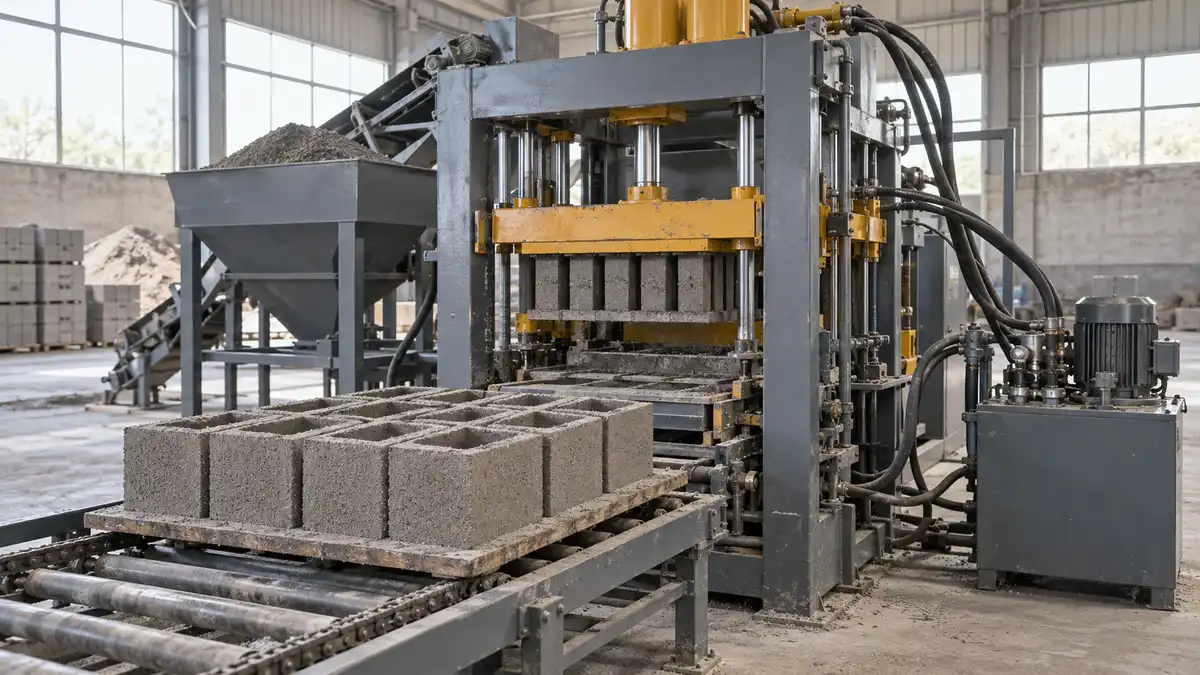 Illustrative image of concrete block making machines on a workshop surface.