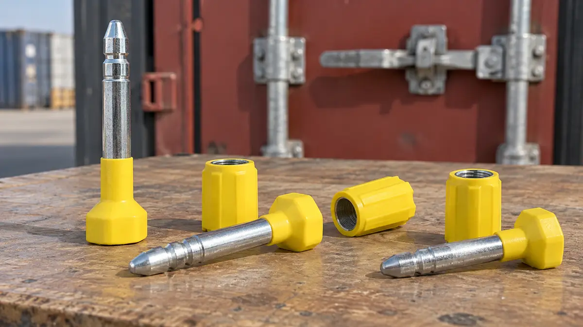 Illustrative image of container bolt seals on a workshop surface.
