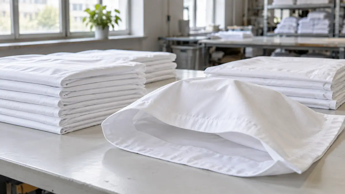 Illustrative image of cotton hotel pillowcases on a workshop surface.
