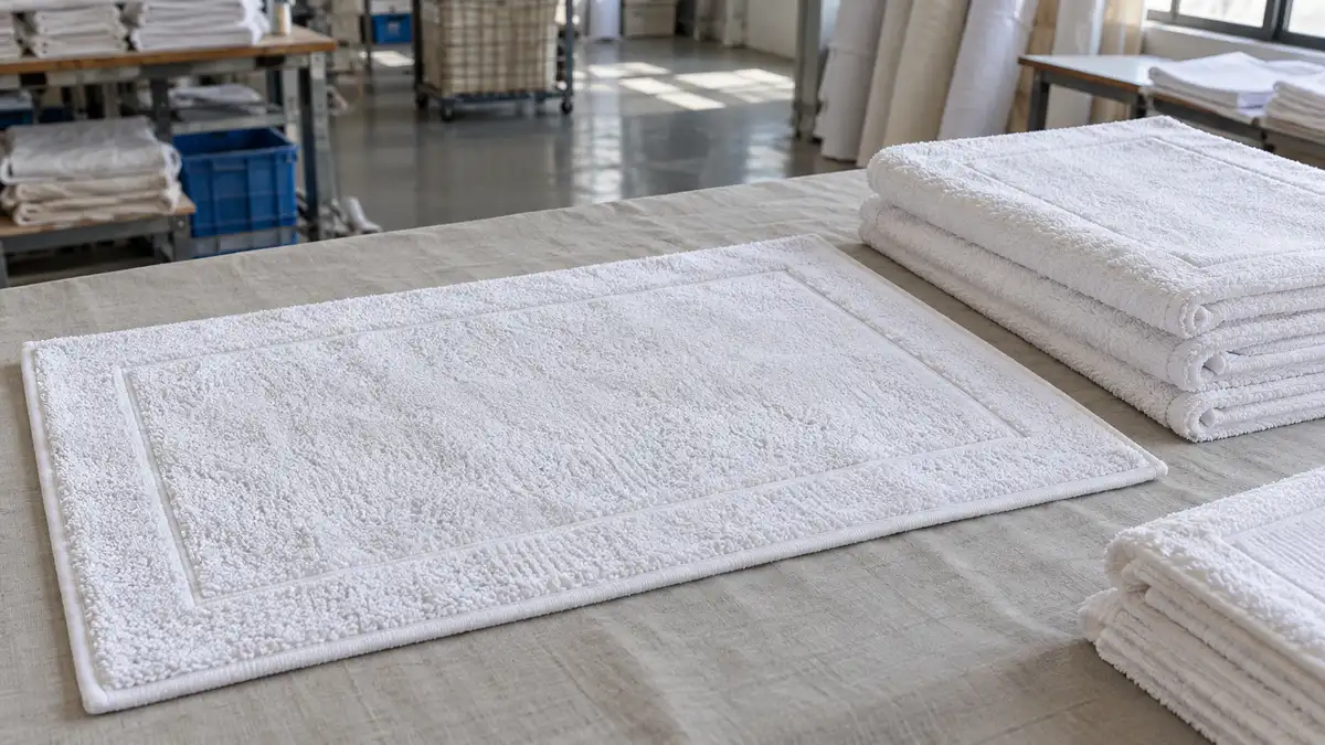 Illustrative image of cotton terry bath mats on a workshop surface.