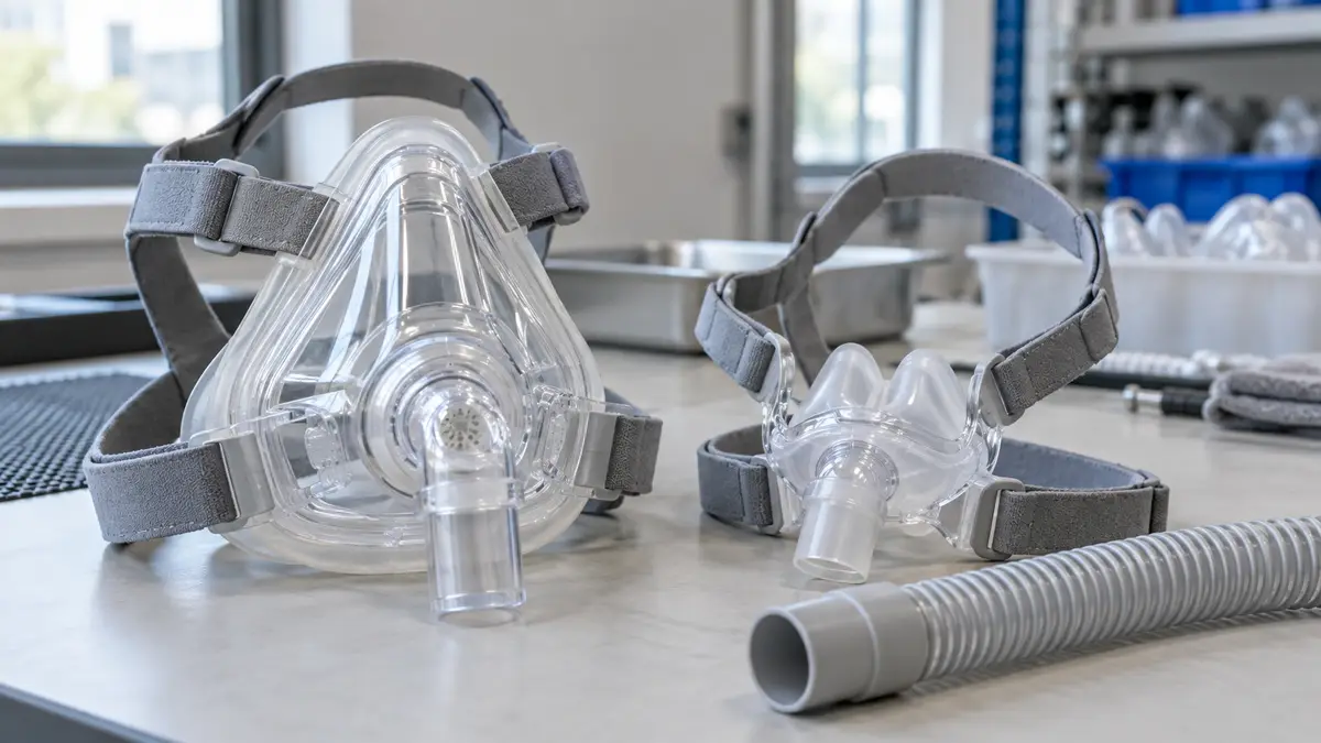 Illustrative image of CPAP masks on a workshop surface.