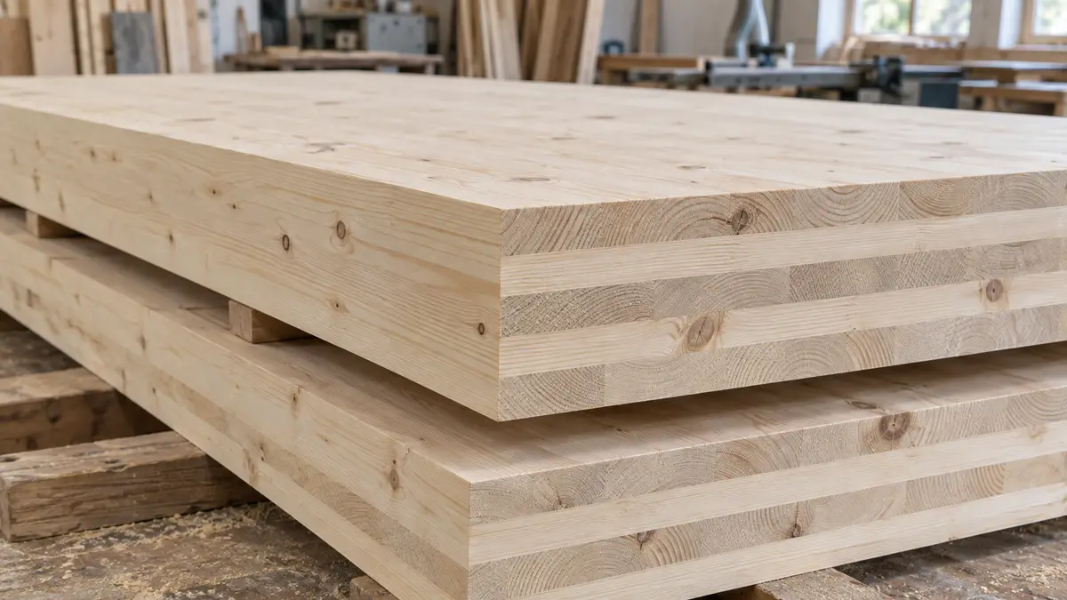 Illustrative image of CLT panels on a workshop surface.