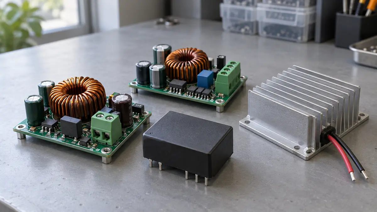 Illustrative image of DC-DC converters on a workshop surface.