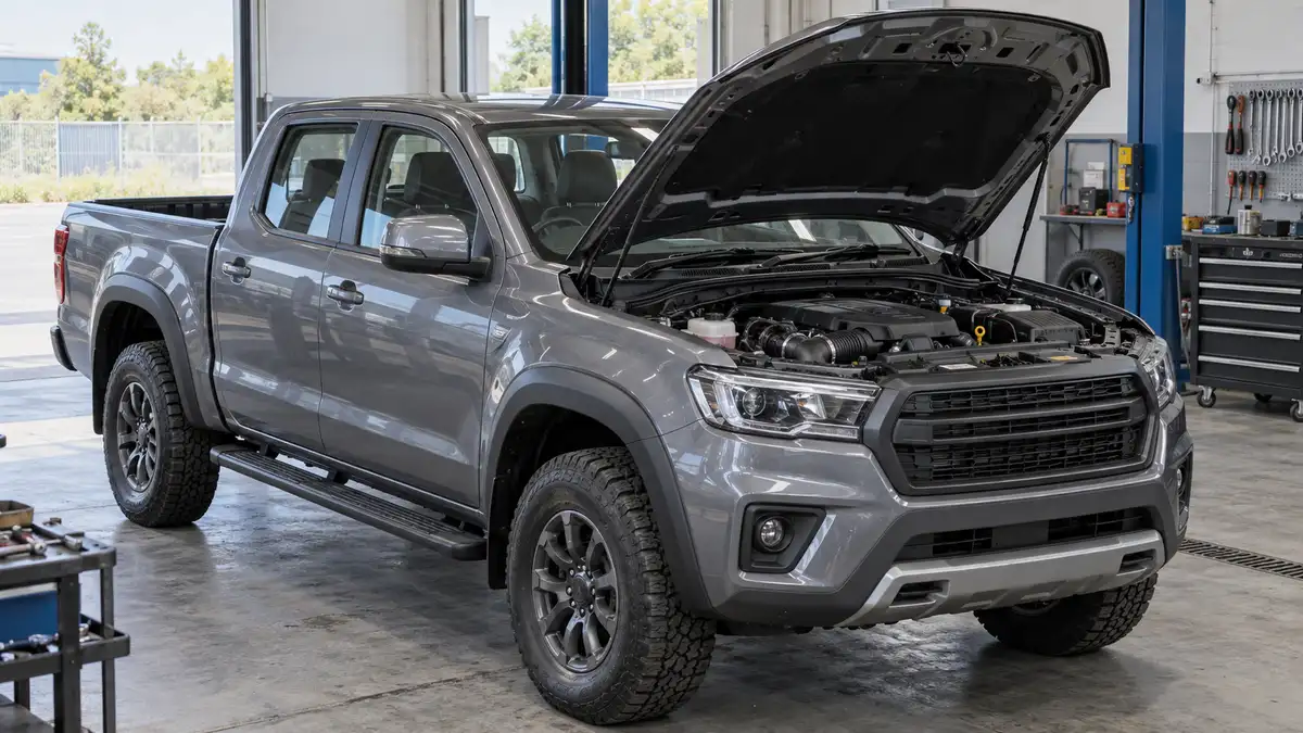 Illustrative image of diesel pickup trucks on a workshop surface.