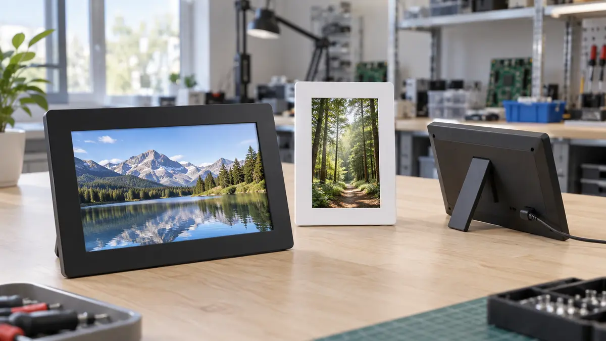 Illustrative image of digital photo frames on a workshop surface.