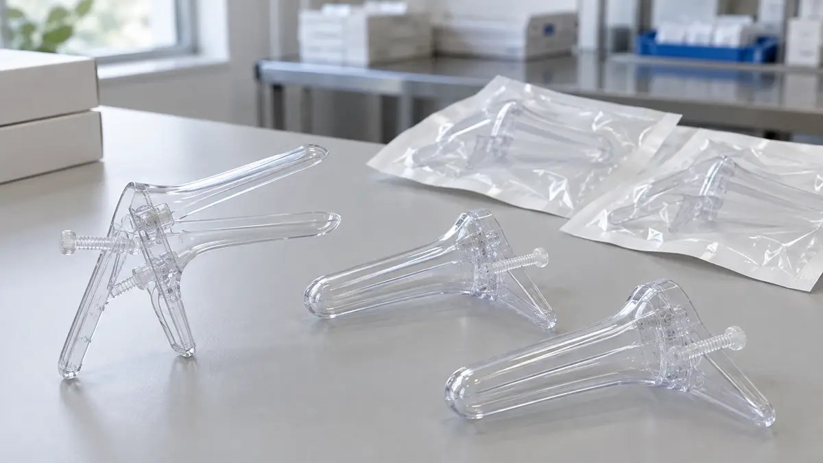 Illustrative image of disposable vaginal specula on a workshop surface.