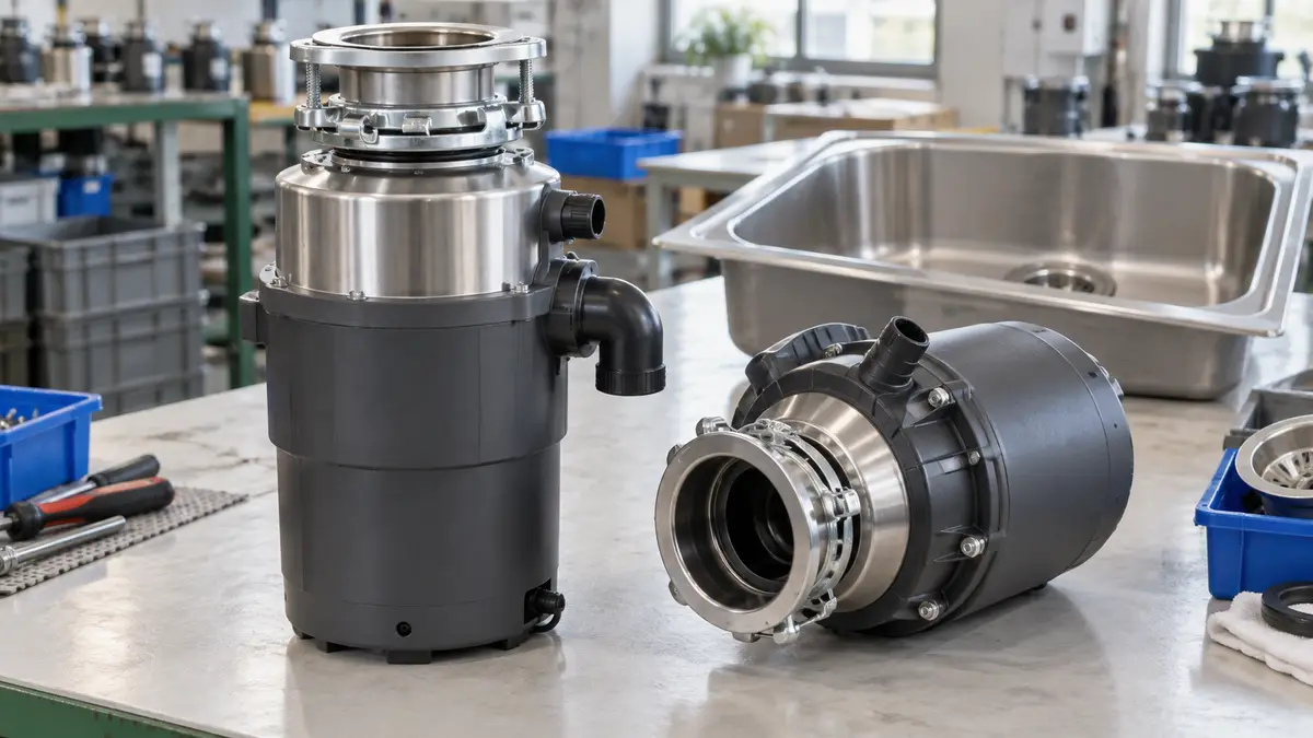 Illustrative image of food waste disposers on a workshop surface.