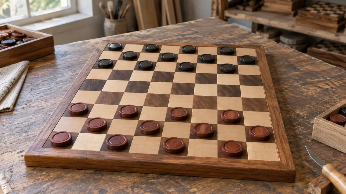 Illustrative image of draughts sets on a workshop surface.
