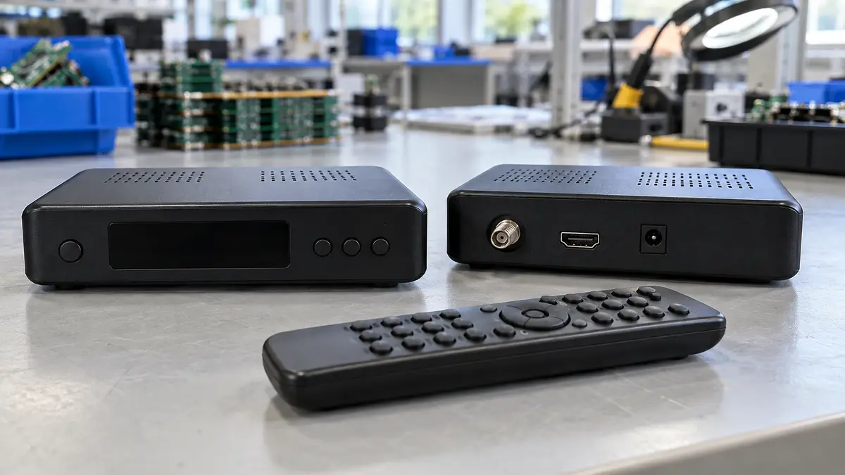 Illustrative image of DVB-T2 set-top boxes on a workshop surface.