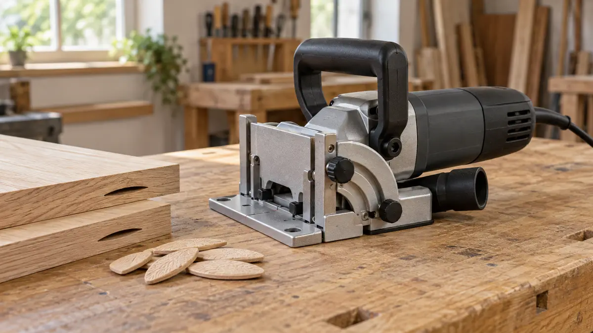 Illustrative image of electric biscuit jointers on a workshop surface.