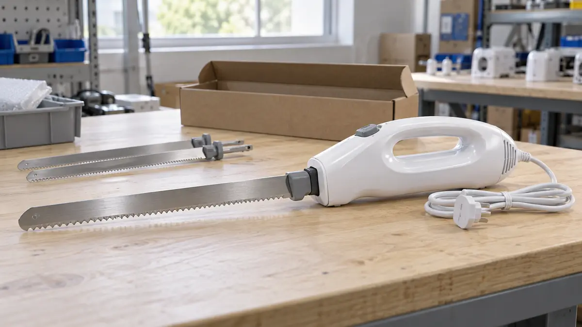 Illustrative image of electric carving knives on a workshop surface.