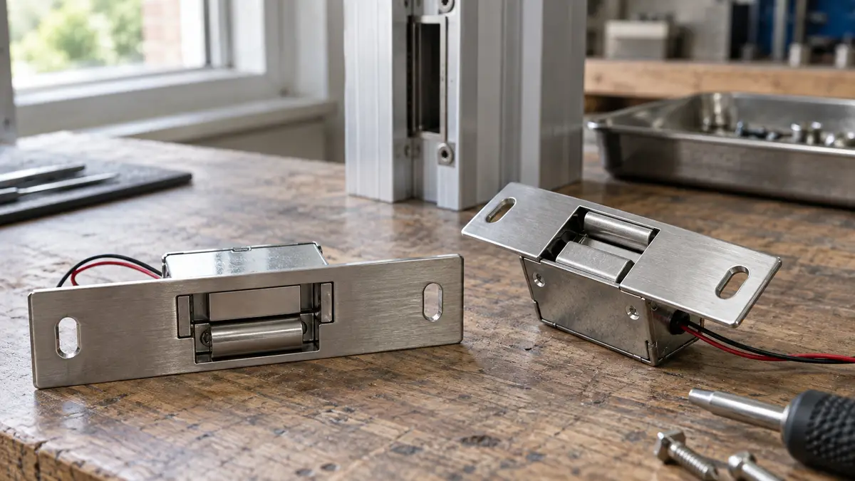 Illustrative image of electric door strikes on a workshop surface.