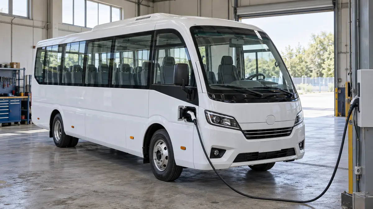 Illustrative image of electric minibuses on a workshop surface.