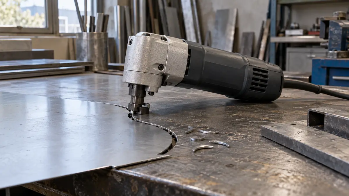 Illustrative image of electric sheet-metal nibblers on a workshop surface.