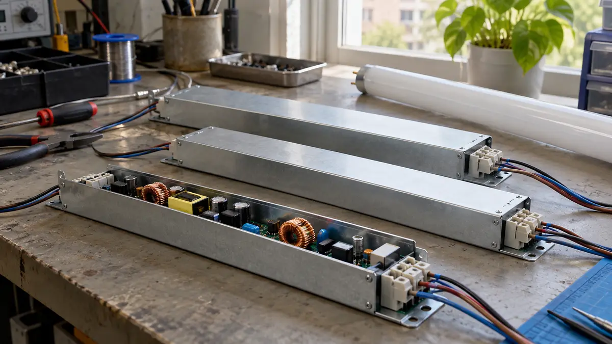 Illustrative image of fluorescent ballasts on a workshop surface.