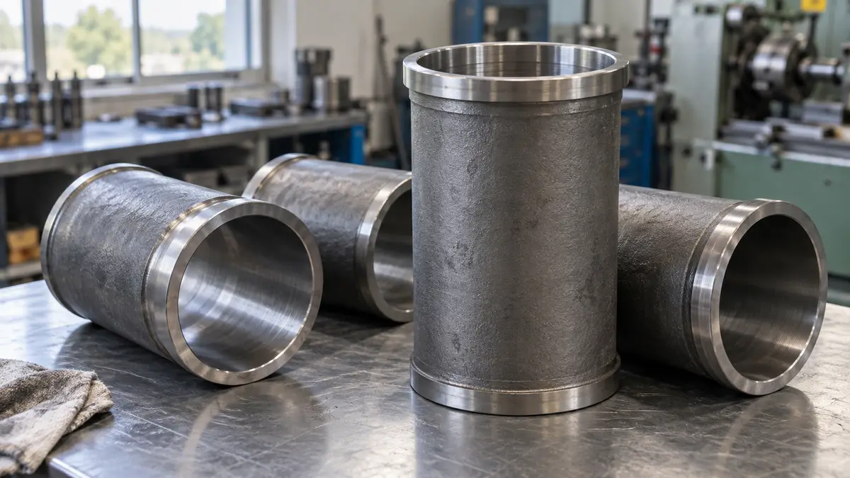 Illustrative image of engine cylinder liners on a workshop surface.