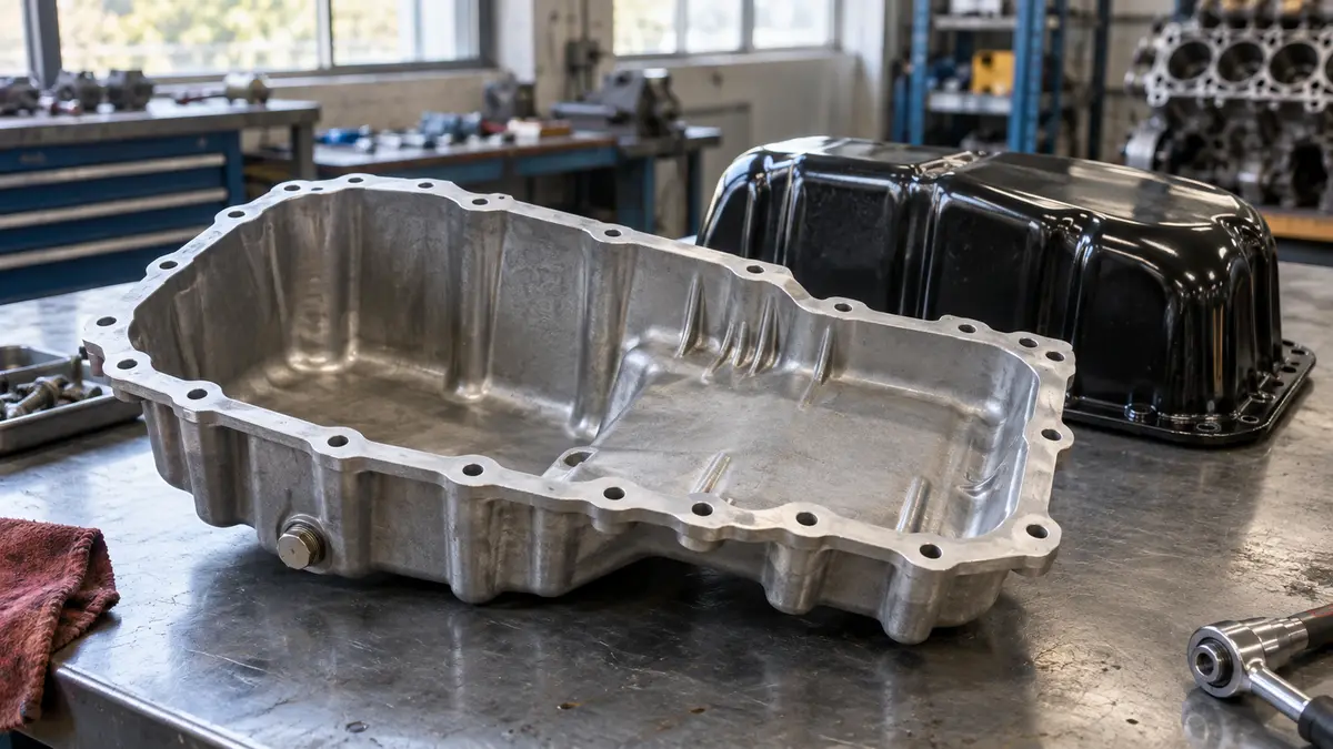 Illustrative image of engine oil sumps on a workshop surface.