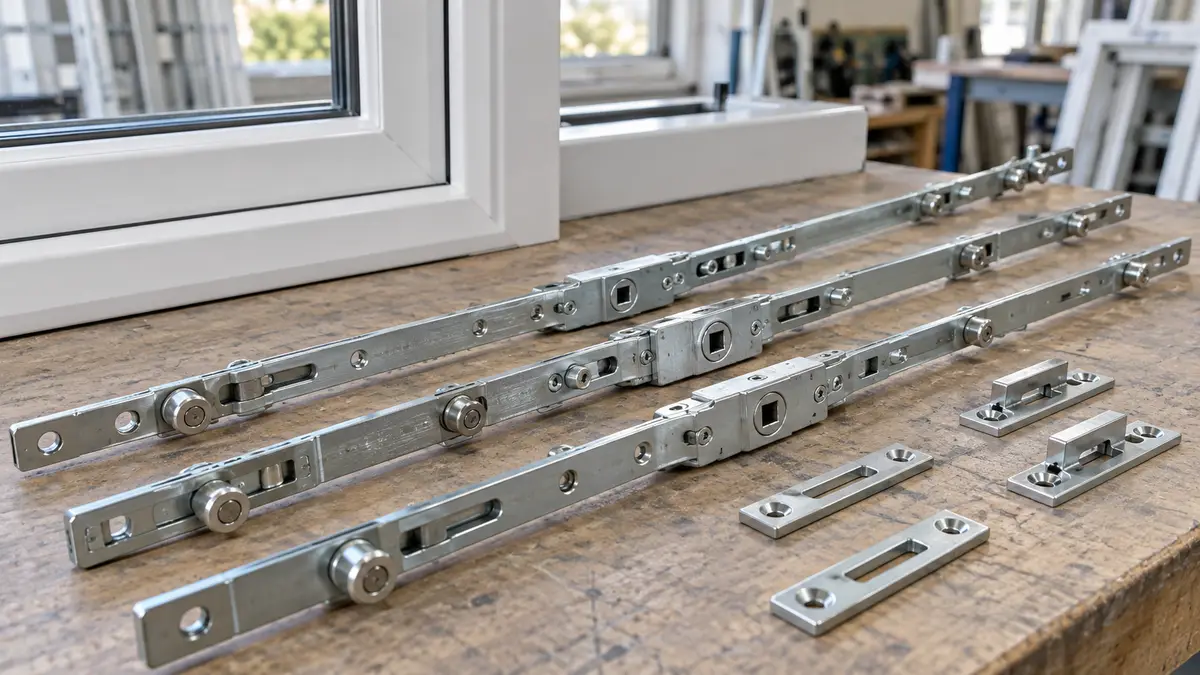 Illustrative image of espagnolette window locks on a workshop surface.