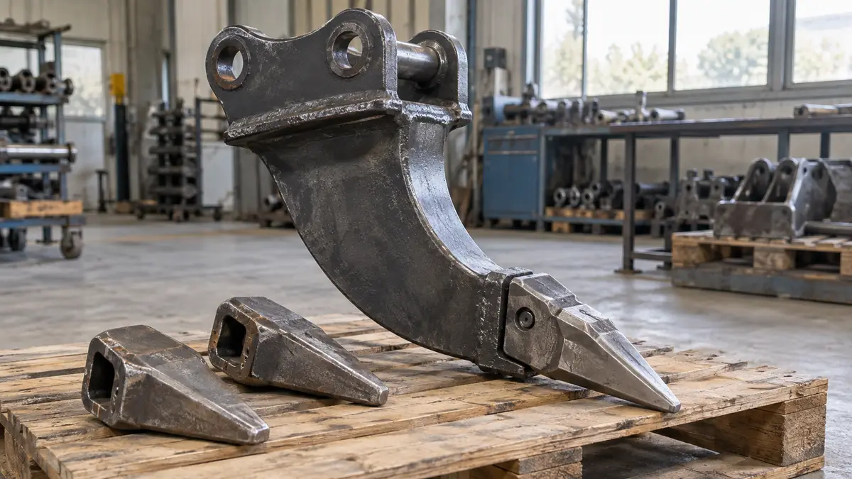 Illustrative image of excavator ripper teeth on a workshop surface.