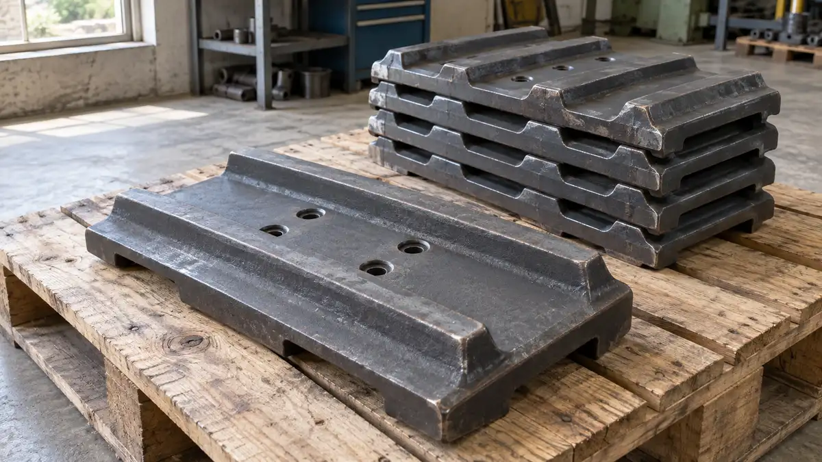 Illustrative image of excavator steel track shoes on a workshop surface.