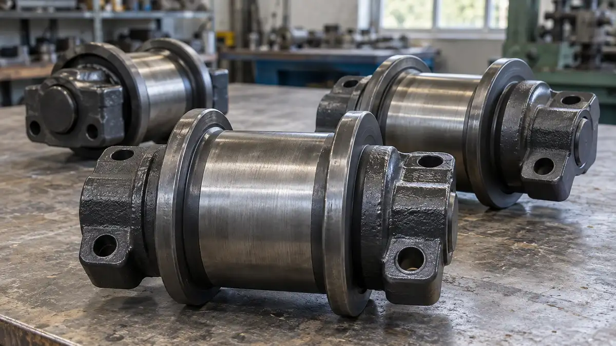 Illustrative image of excavator track rollers on a workshop surface.