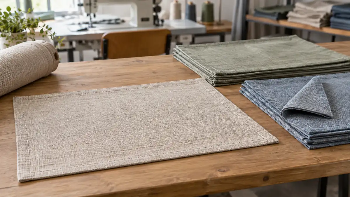 Illustrative image of fabric placemats on a workshop surface.