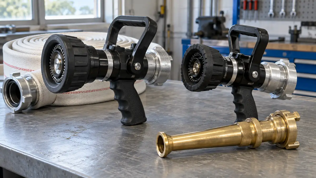 Illustrative image of fire hose nozzles on a workshop surface.