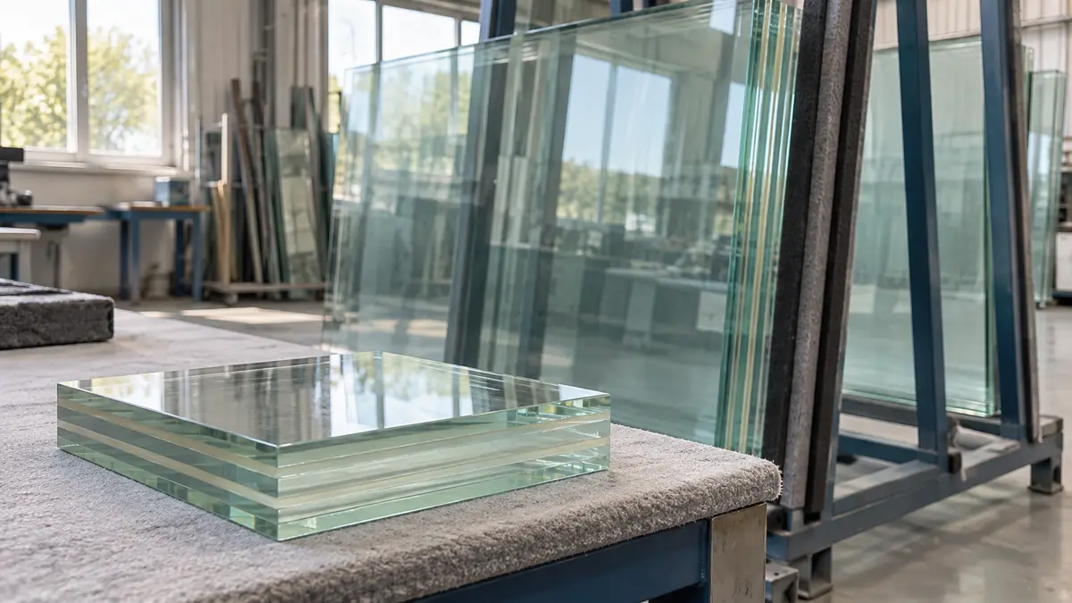 Illustrative image of fire resistant laminated glass on a workshop surface.