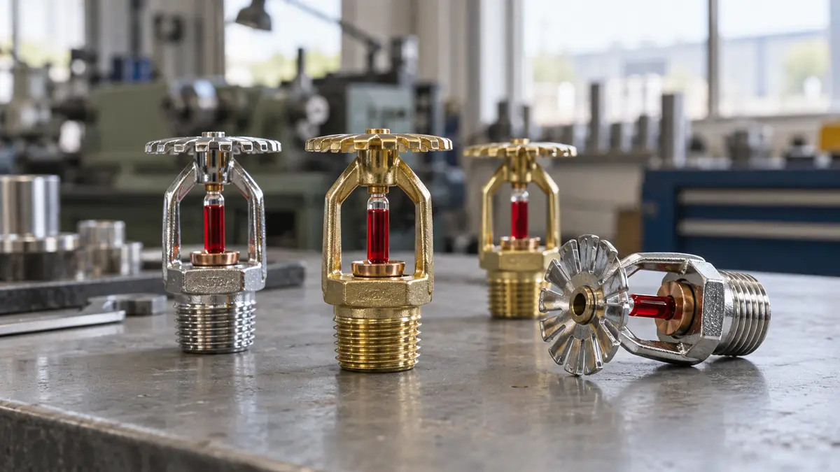 Illustrative image of fire sprinkler heads on a workshop surface.