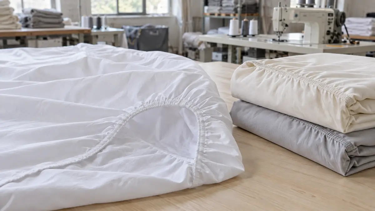 Illustrative image of fitted bed sheets on a workshop surface.