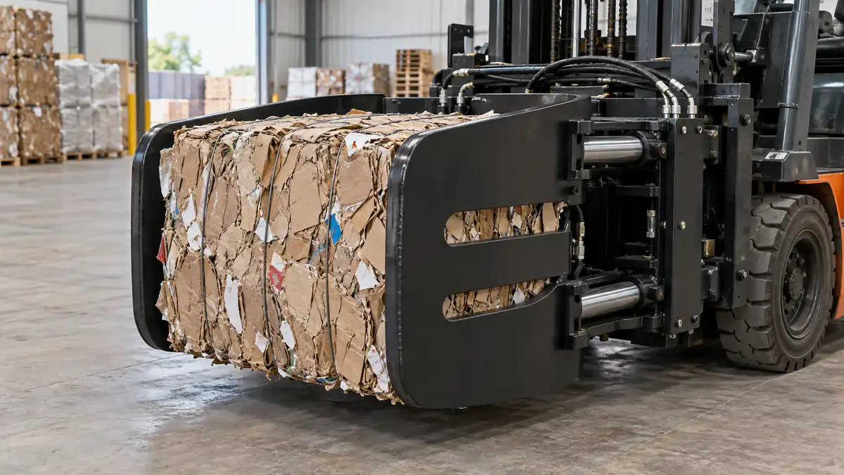 Illustrative image of forklift bale clamps on a workshop surface.